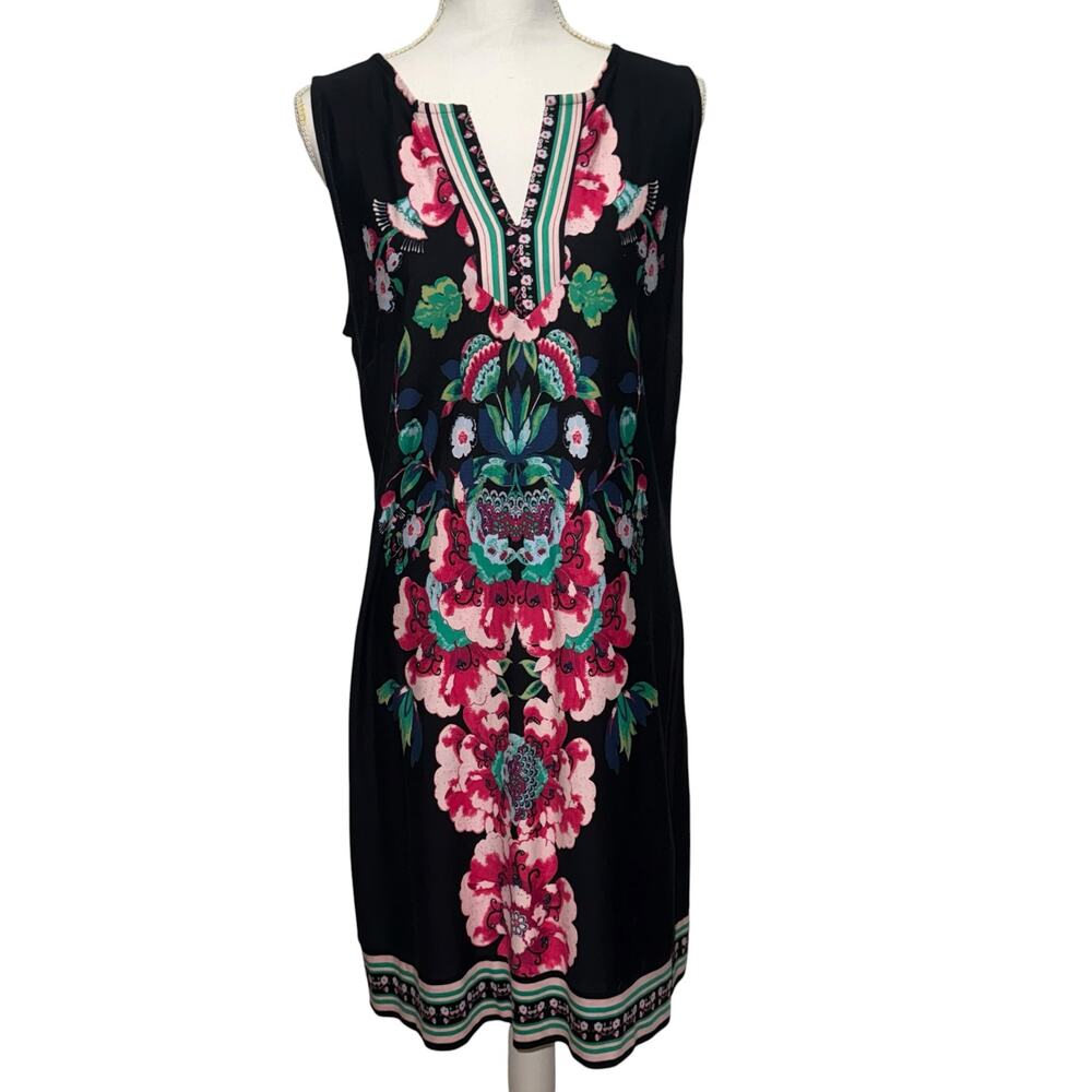 New York & Company Stretch Cotton Sleeveless Shift Dress Black & Pink Floral LG